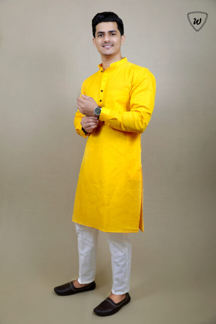 Men’s Ethnic Wear Yellow Pure Cotton Kurta Pajama Set