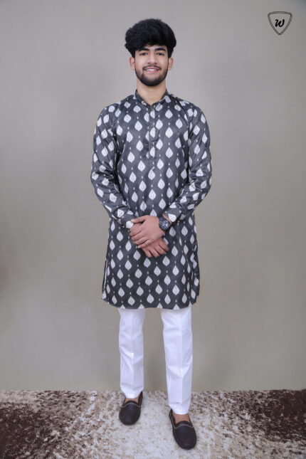 Men’s Charcoal Grey Heritage Motif Print Kurta Pajama Set