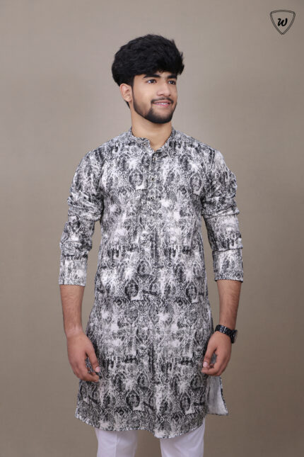Men’s Monochrome Art Print Kurta Pajama Set – Limited Edition Heritage Statement