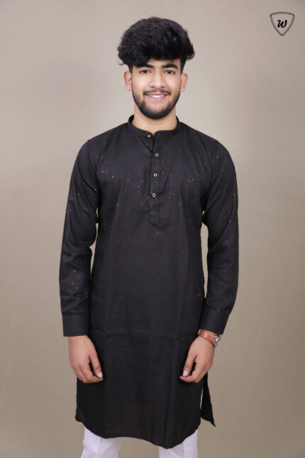 Men’s Black Sequin Striped Kurta – Elite Festive & Evening Edition