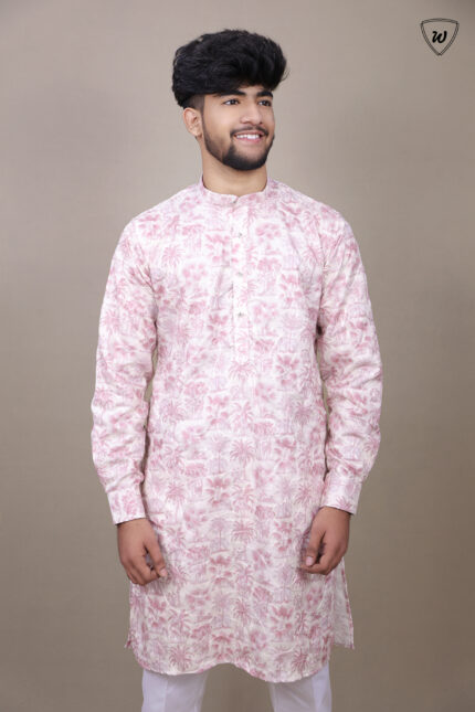 Men’s Blush Pink Jungle Motif Sequin Kurta – Signature Festive & Haldi Edition