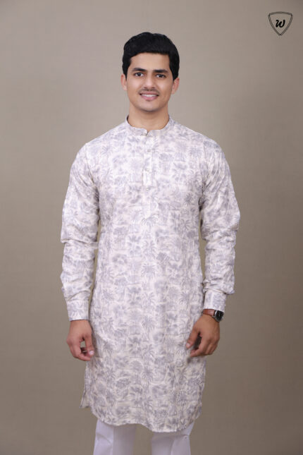 Men’s Platinum Grey Jungle Motif Sequin Kurta – Luxe Daytime Festive Edition
