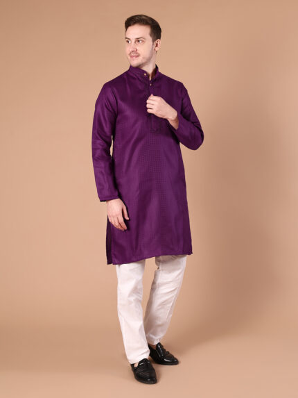 Purple Cotton Blend Kurta for Men | Self Pattern Ethnic Kurta with Mandarin Collar