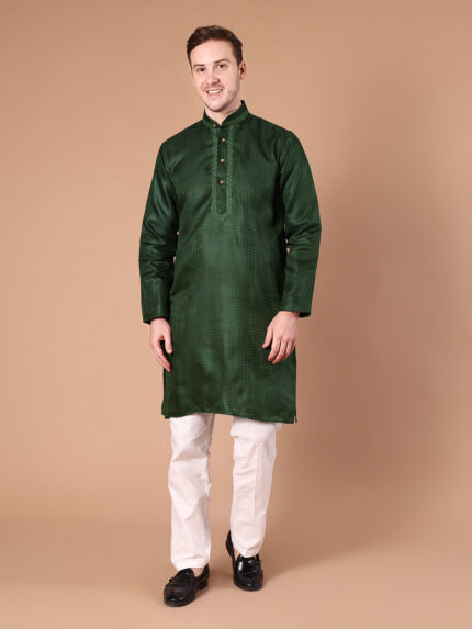 Rich dark green cotton blend kurta with elegant self-design texture and embroidered placket. Perfect for weddings, festivals, and festive occasions. Features mandarin collar with luxurious sheen finish.