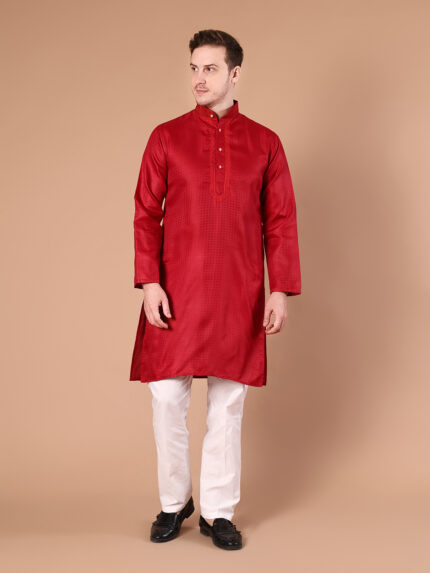 Maroon Cotton Blend Kurta for Men | Self Design Ethnic Kurta with Button Placket
