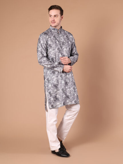 Black & White Printed Pure Cotton Kurta for Men | All-Over Geometric Floral Print with Mandarin Collar