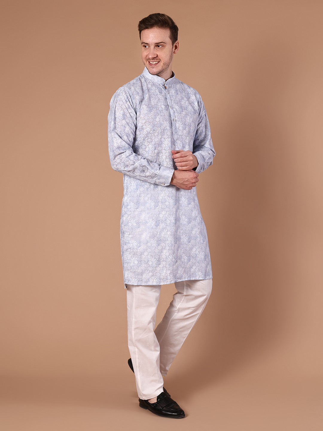 IMG_8174 Powder Blue Printed Pure Cotton Kurta for Men | All-Over Diamond Geometric Print with Mandarin Collar - Image 1