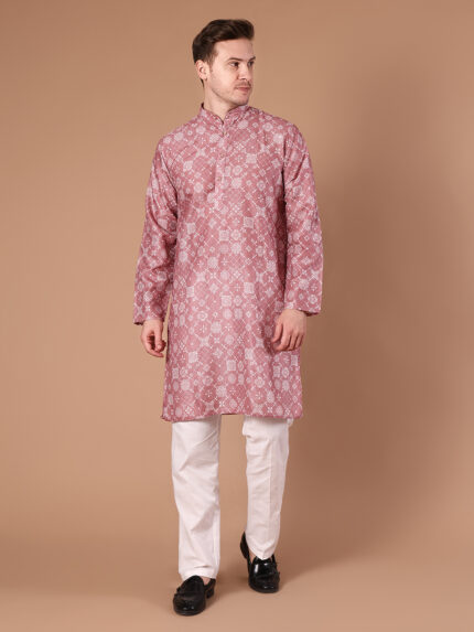 Pink Printed Cotton Viscose Kurta for Men | Floral Print Ethnic Kurta with Mandarin Collar