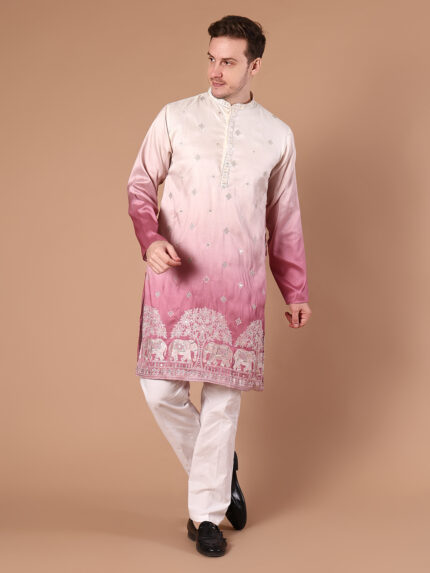Cream to Pink Ombre Pure Cotton Embroidered Kurta for Men | Elephant & Tree Scenic Border with Sequin Butti Work