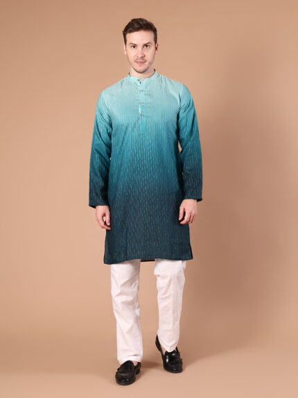 Teal to Dark Teal Ombre Cotton Viscose Kurta for Men | Gold Lurex Stripe Texture with Mandarin Collar