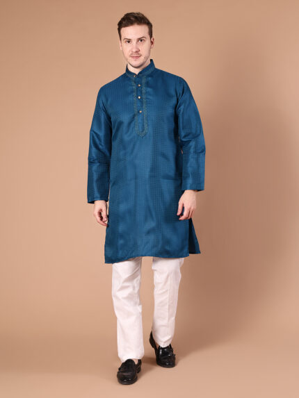 Blue Cotton Blend Kurta for Men | Self Design Ethnic Kurta with Embroidered Placket