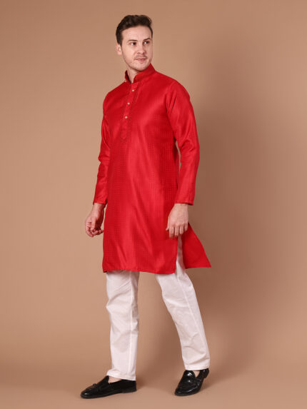 Red Cotton Blend Kurta for Men | Self Pattern Ethnic Kurta with Button Placket
