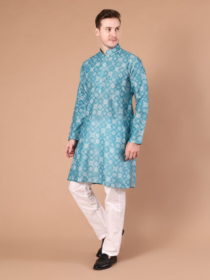 Turquoise Blue Printed Cotton Viscose Kurta for Men | Floral Print Ethnic Kurta with Mandarin Collar