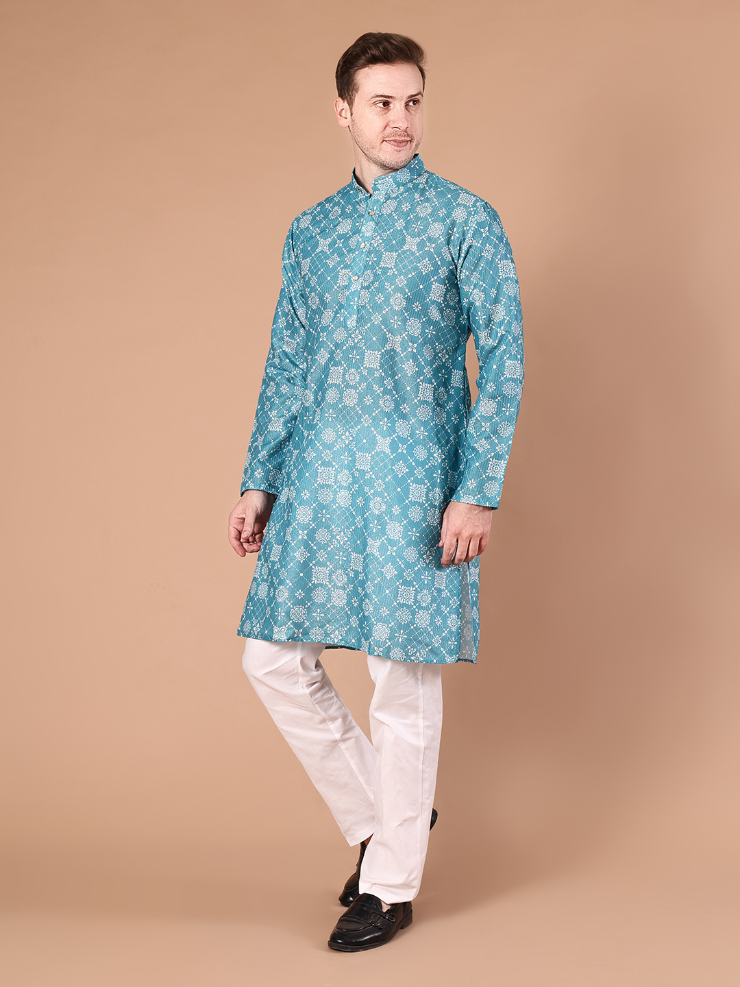 IMG_8238 Turquoise Blue Printed Cotton Viscose Kurta for Men | Floral Print Ethnic Kurta with Mandarin Collar