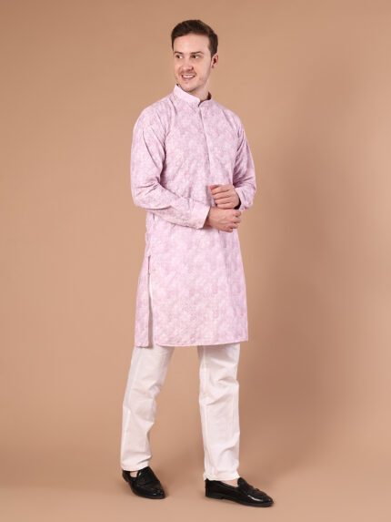 Baby Pink Printed Pure Cotton Kurta for Men | All-Over Diamond Geometric Print with Mandarin Collar