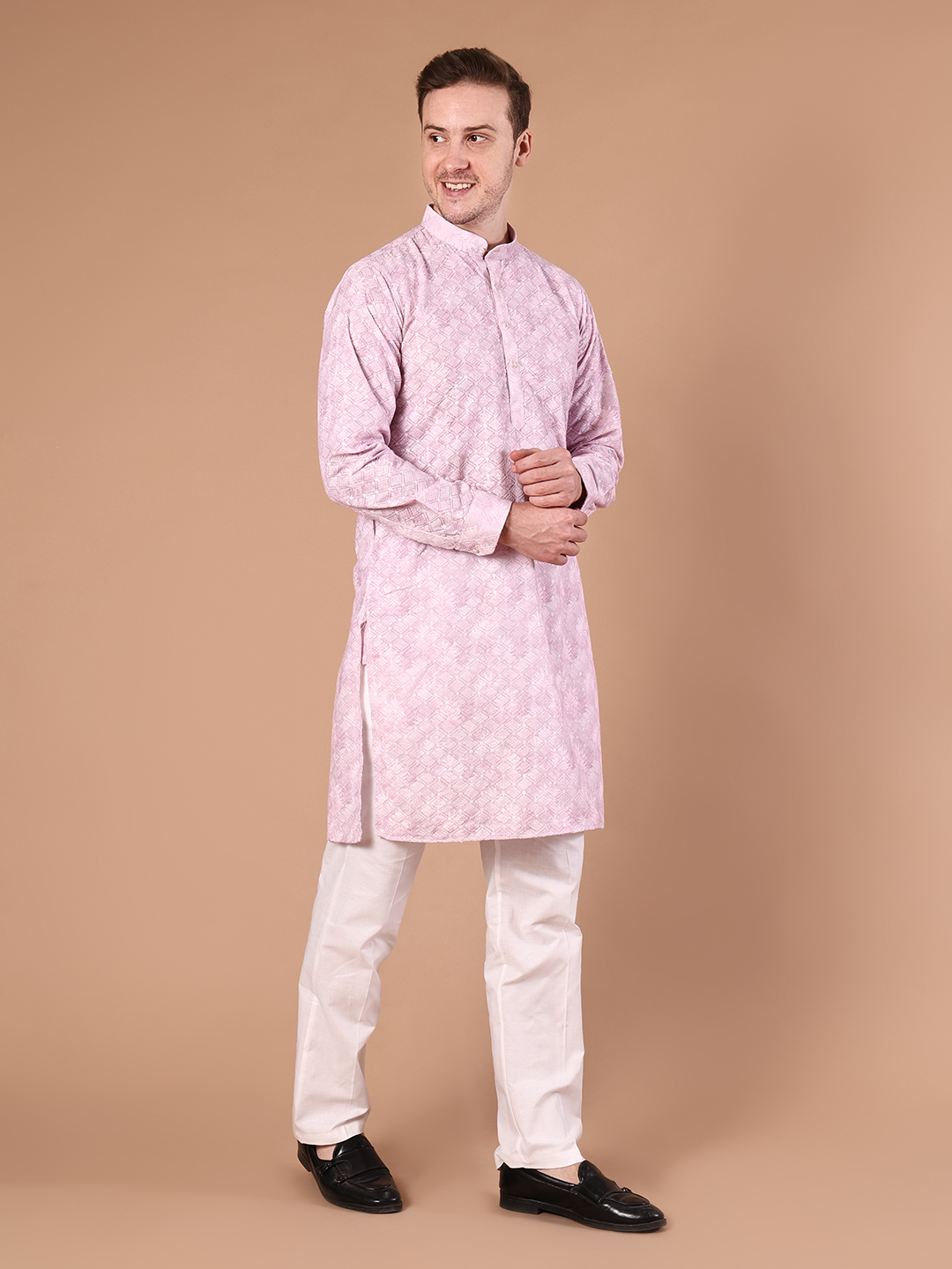 IMG_8253 Baby Pink Printed Pure Cotton Kurta for Men | All-Over Diamond Geometric Print with Mandarin Collar - Image 1