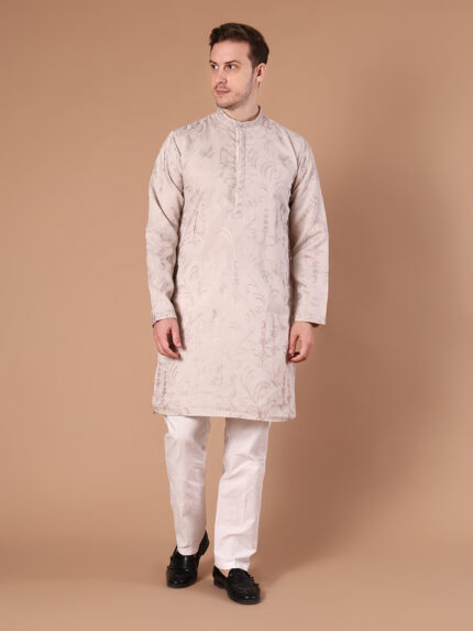 Beige Embroidered Pure Cotton Kurta for Men | Ethnic Wear Kurta with Floral Embroidery