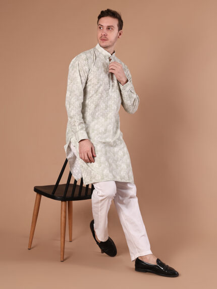 Mint Green Printed Pure Cotton Kurta for Men | All-Over Diamond Geometric Print with Mandarin Collar