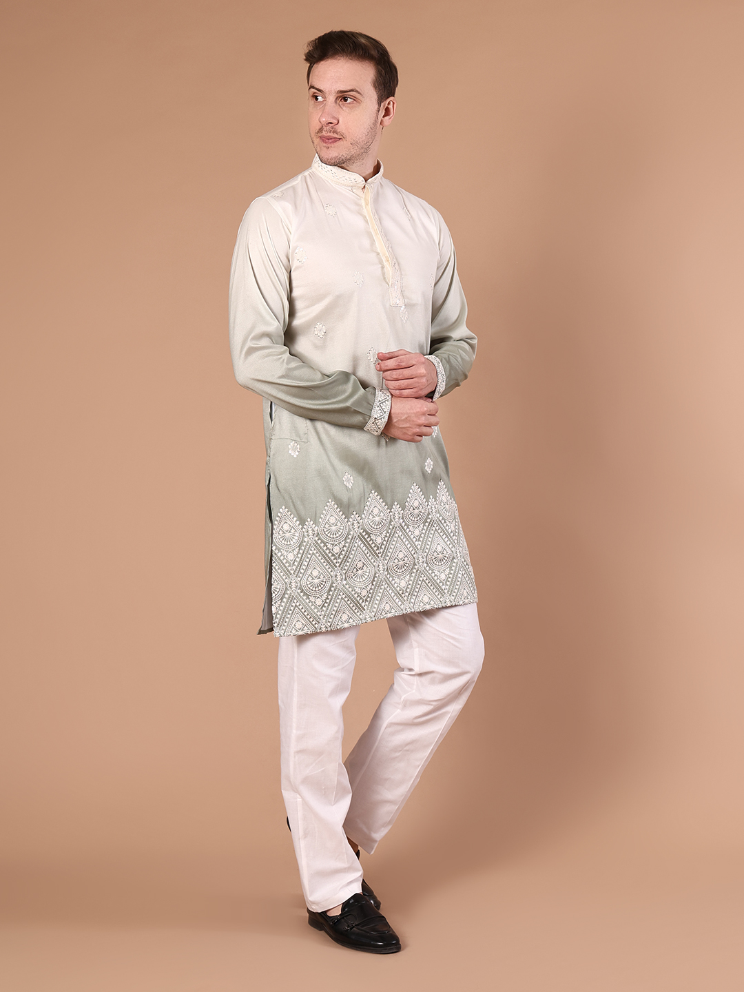 IMG_8293 "Cream olive green ombre cotton silk kurta for men with double shade gradient and heavy border embroidery"