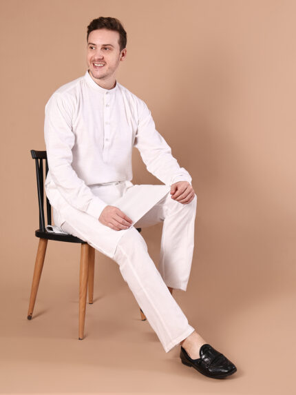 White Solid Pure Cotton Kurta for Men | Plain Ethnic Kurta with Mandarin Collar
