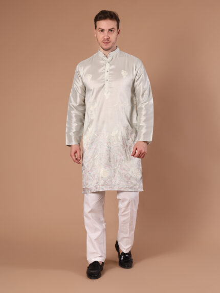 Pista green embroidered cotton kurta for men with white bird motif and border embroidery