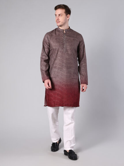 Coffee to Maroon Ombre Cotton Viscose Kurta for Men | Gold Lurex Stripe Texture with Mandarin Collar