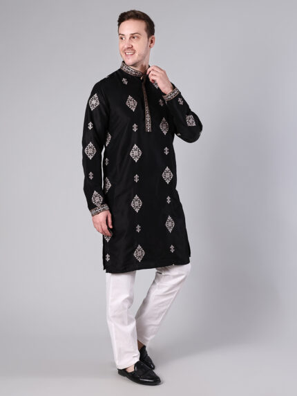 Black Semi Silk Embroidered Kurta for Men | Gold & White Diamond Butti Work with Embroidered Mandarin Collar & Cuffs