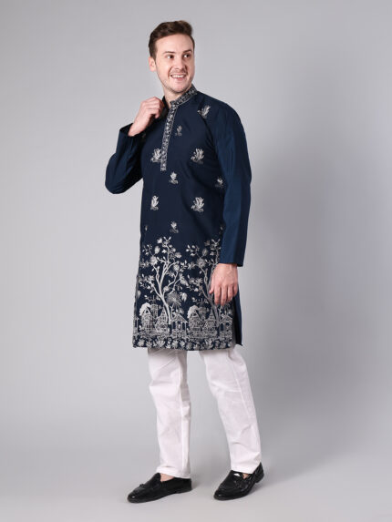 Navy Blue Pure Cotton Embroidered Kurta for Men | Silver Thread Scenic Garden Embroidery with Mandarin Collar