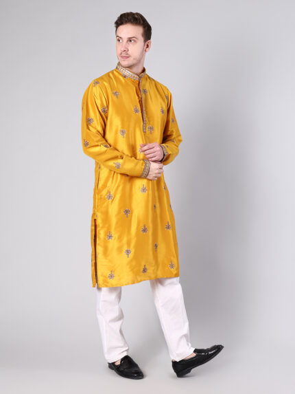Mustard Yellow Semi Silk Embroidered Kurta for Men | Silver & Gold Sequin Floral Butti Work with Embroidered Mandarin Collar & Cuffs