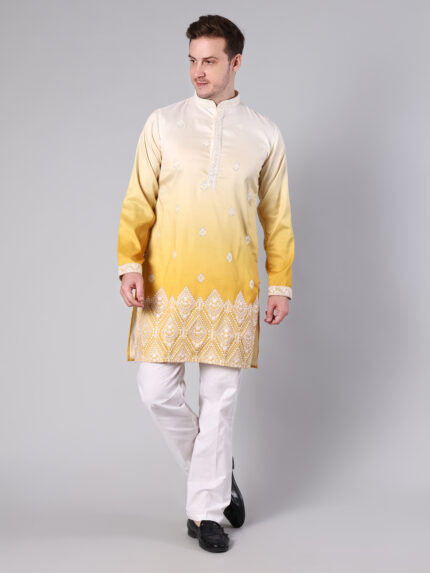 Cream yellow ombre cotton silk kurta for men with double shade gradient and heavy border embroidery
