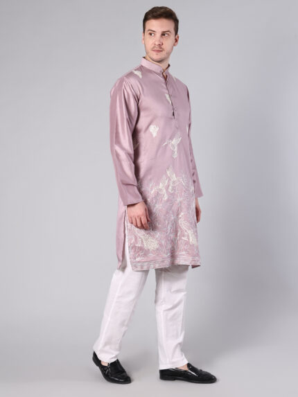 Pink embroidered cotton kurta for men with white bird motif and floral border embroidery