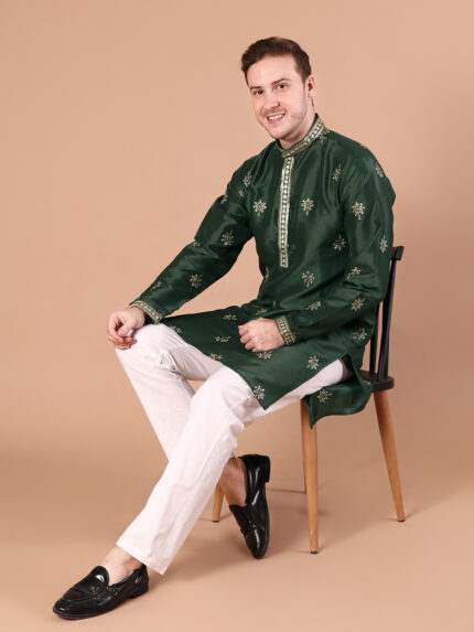 Bottle Green Semi Silk Embroidered Kurta for Men | Silver Sequin Floral Butti Work with Embroidered Mandarin Collar & Cuffs