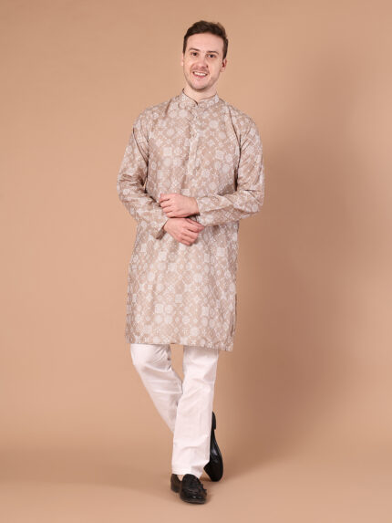 Beige Printed Cotton Viscose Kurta for Men | Floral Print Ethnic Kurta with Mandarin Collar