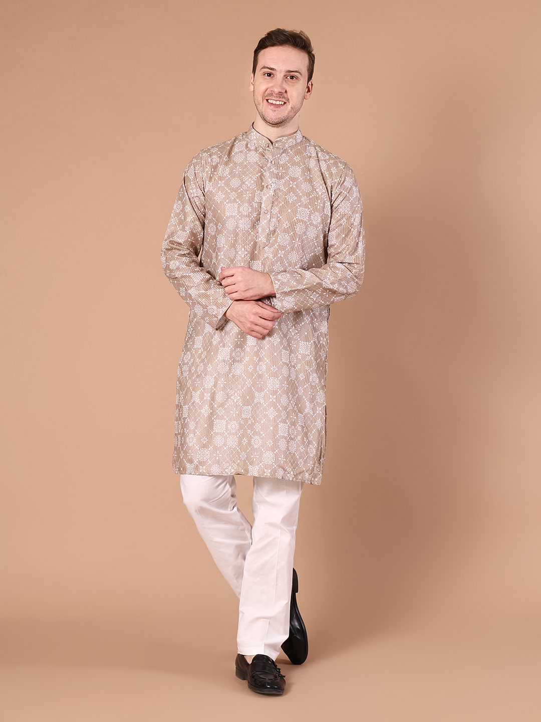 IMG_8444 Beige Printed Cotton Viscose Kurta for Men | Floral Print Ethnic Kurta with Mandarin Collar