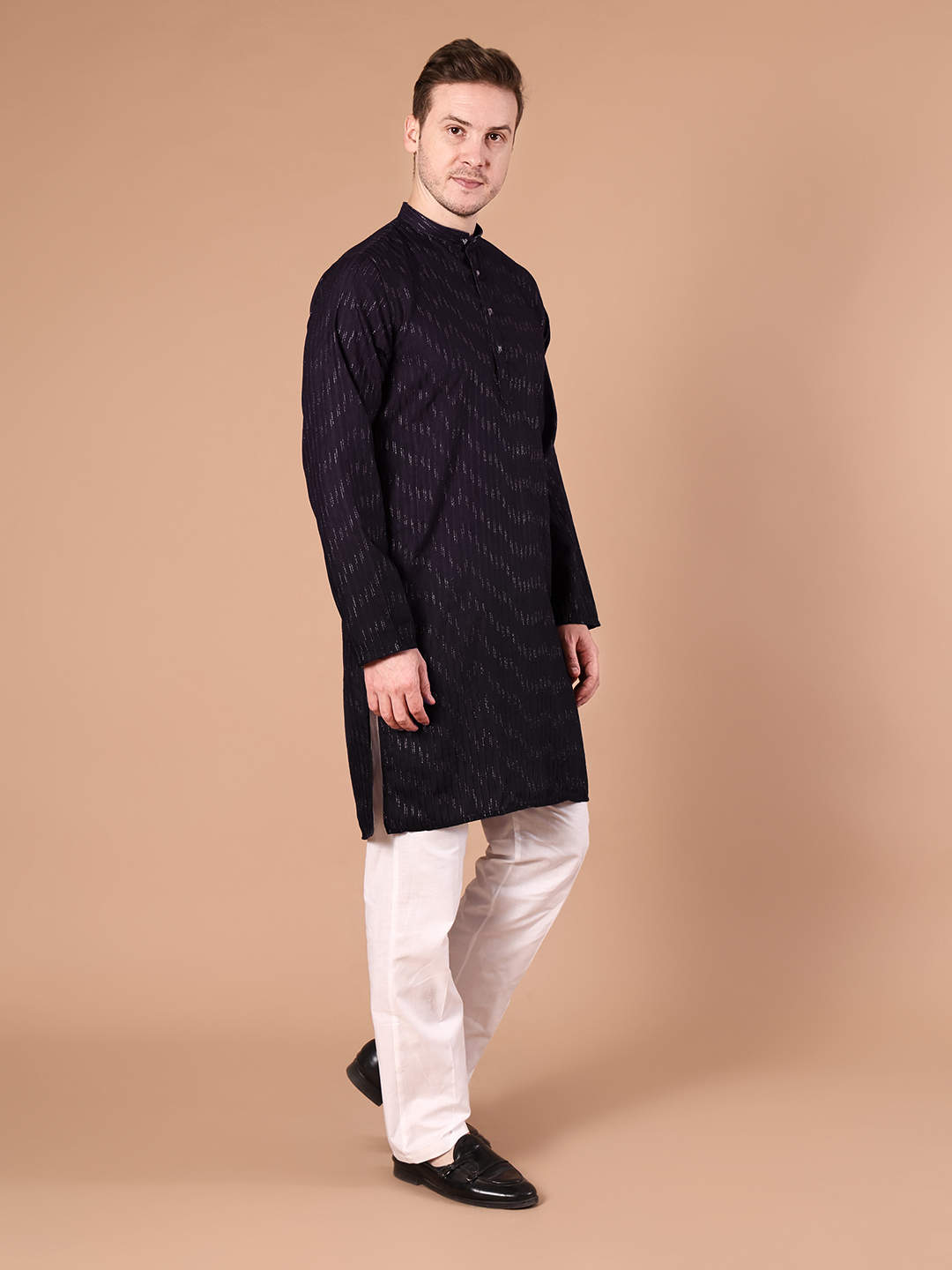 IMG_8459 Wine to Black Ombre Cotton Viscose Kurta for Men | Gold Lurex Stripe Texture with Mandarin Collar - Image 1