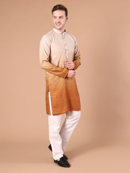 Cream to Rust Ombre Cotton Viscose Kurta for Men | Gold Lurex Stripe Texture with Mandarin Collar