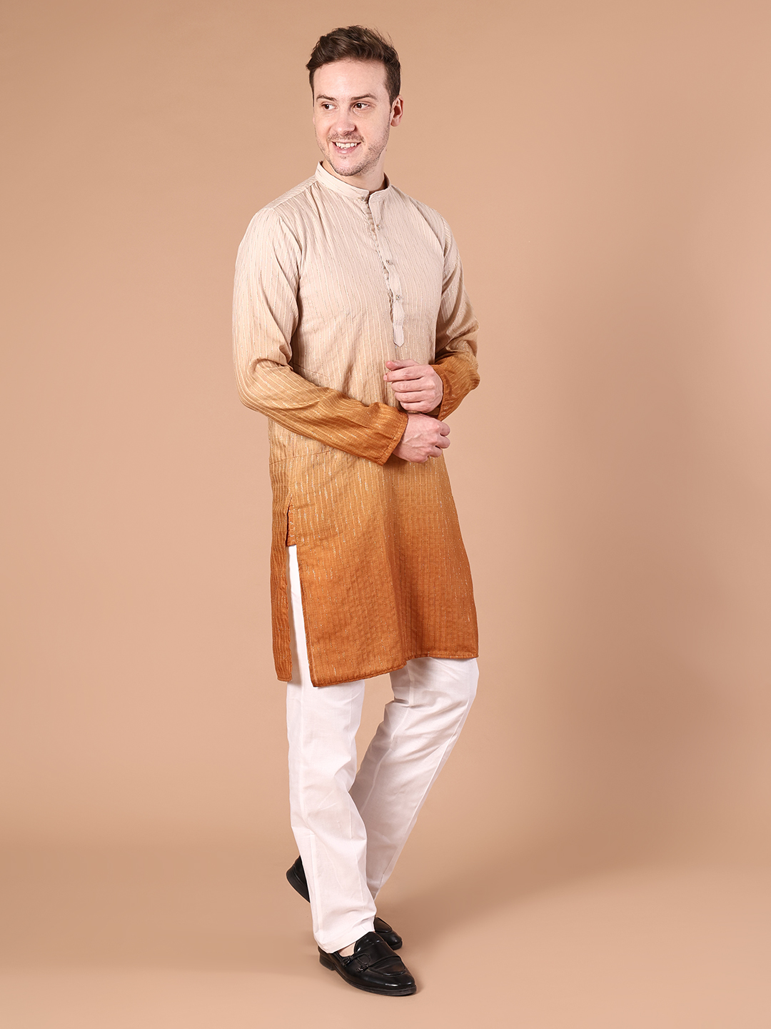 IMG_8474 Cream to Rust Ombre Cotton Viscose Kurta for Men | Gold Lurex Stripe Texture with Mandarin Collar - Image 1