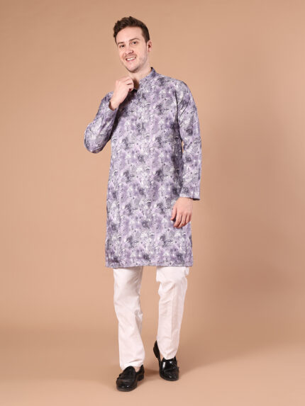 Lavender Printed Pure Cotton Kurta for Men | All-Over Geometric Floral Print with Mandarin Collar