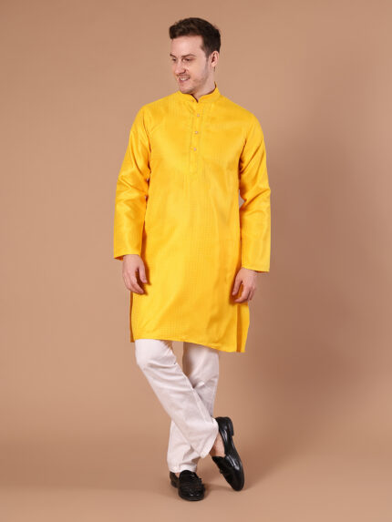 Yellow Cotton Blend Kurta for Men | Bright Ethnic Kurta with Self Pattern Design