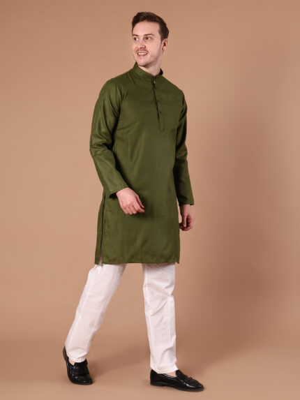 Olive Green Solid Pure Cotton Kurta for Men | Plain Ethnic Kurta with Mandarin Collar