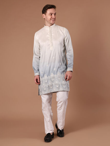 "Cream ice blue ombre cotton silk kurta for men with double shade gradient and paisley border embroidery"
