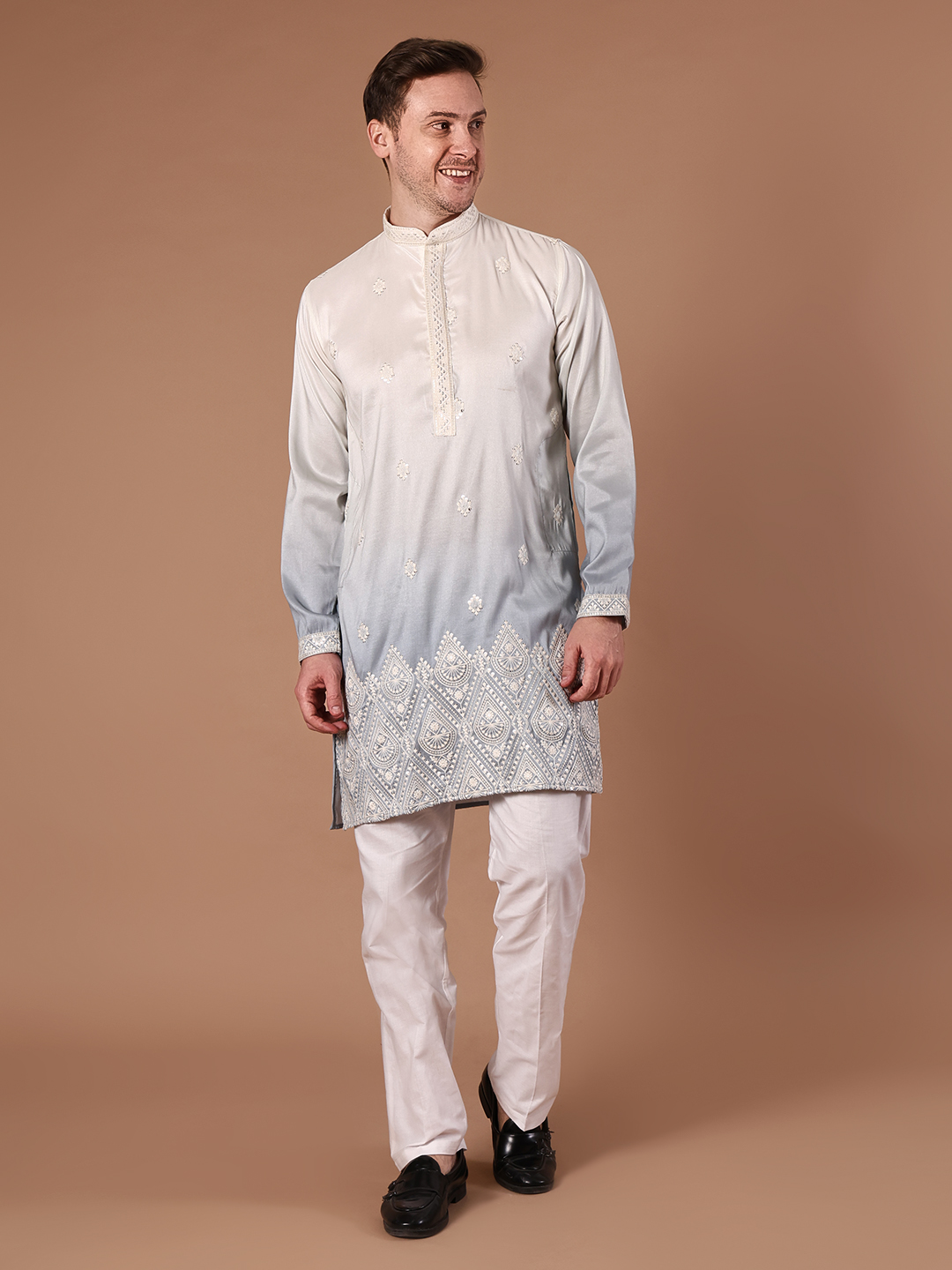 IMG_8514 "Cream ice blue ombre cotton silk kurta for men with double shade gradient and paisley border embroidery"