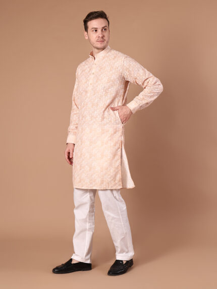 Peach Printed Pure Cotton Kurta for Men | All-Over Diamond Geometric Print with Mandarin Collar